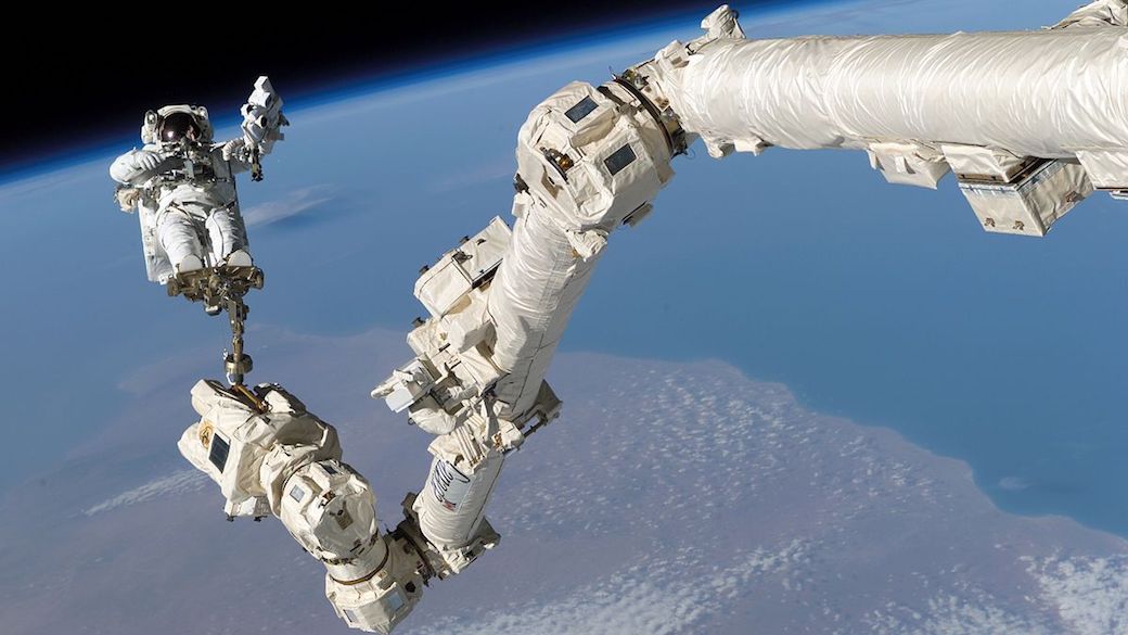 Originalbeschreibung der NASA: An den Füßen auf dem Roboterarm Canadarm2 der Internationalen Raumstation verankert, nimmt der Astronaut Stephen K. Robinson, Spezialist der Mission STS-114, am dritten Außeneinsatz (EVA) dieser Mission teil. Der schwarze Weltraum und der Erdhorizont bilden den Hintergrund des Bildes (3. August 2005).